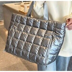 Silver Quilted Puffer Tote Bag Large Capacity Shoulder Travel Carryall